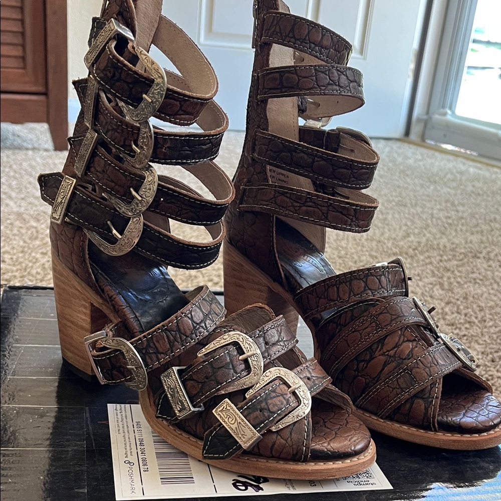 Freebird Brooklynn Croc-Embossed Brown Heels with Buckle Accents